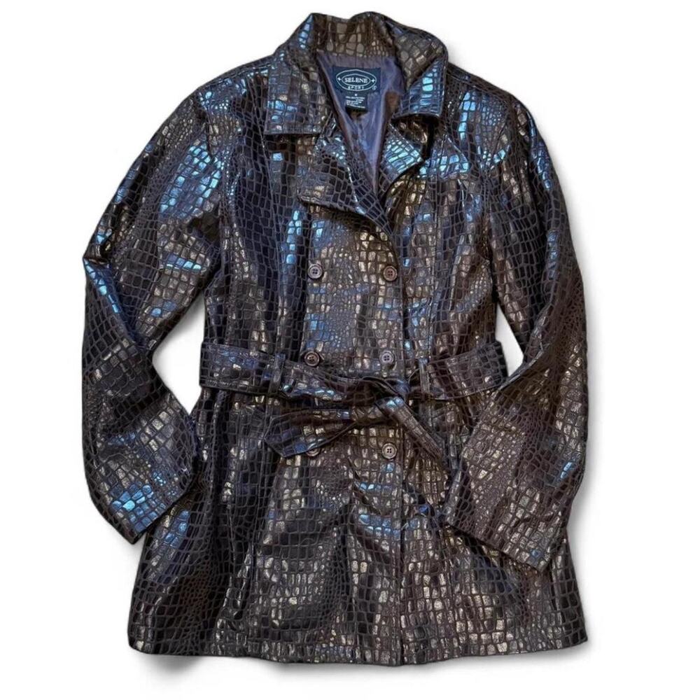 Y2k boho brown faux leather crododile print trench coat Selene Sport size M